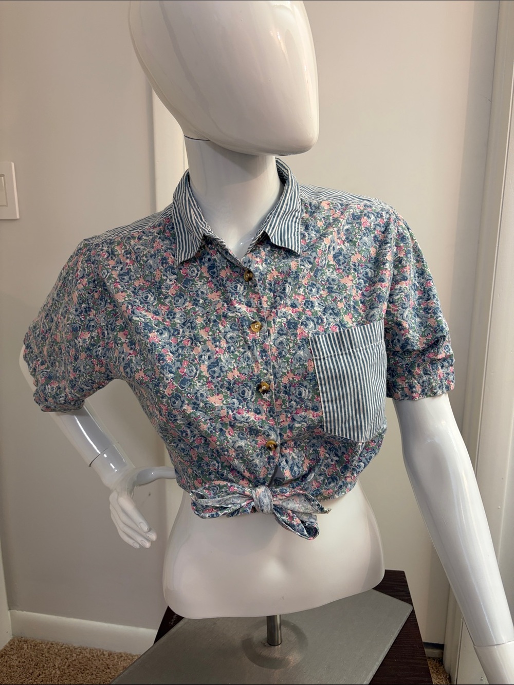Vintage Capezio Blue and Pink Floral Tie-Front Button-Down Shirt